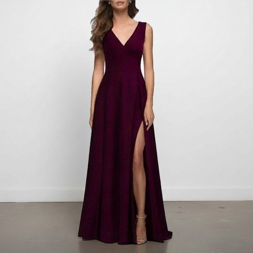 Mushare Plum Burgundy Sleeveless V-Neck Split Front Maxi Dress Large Formal NWT